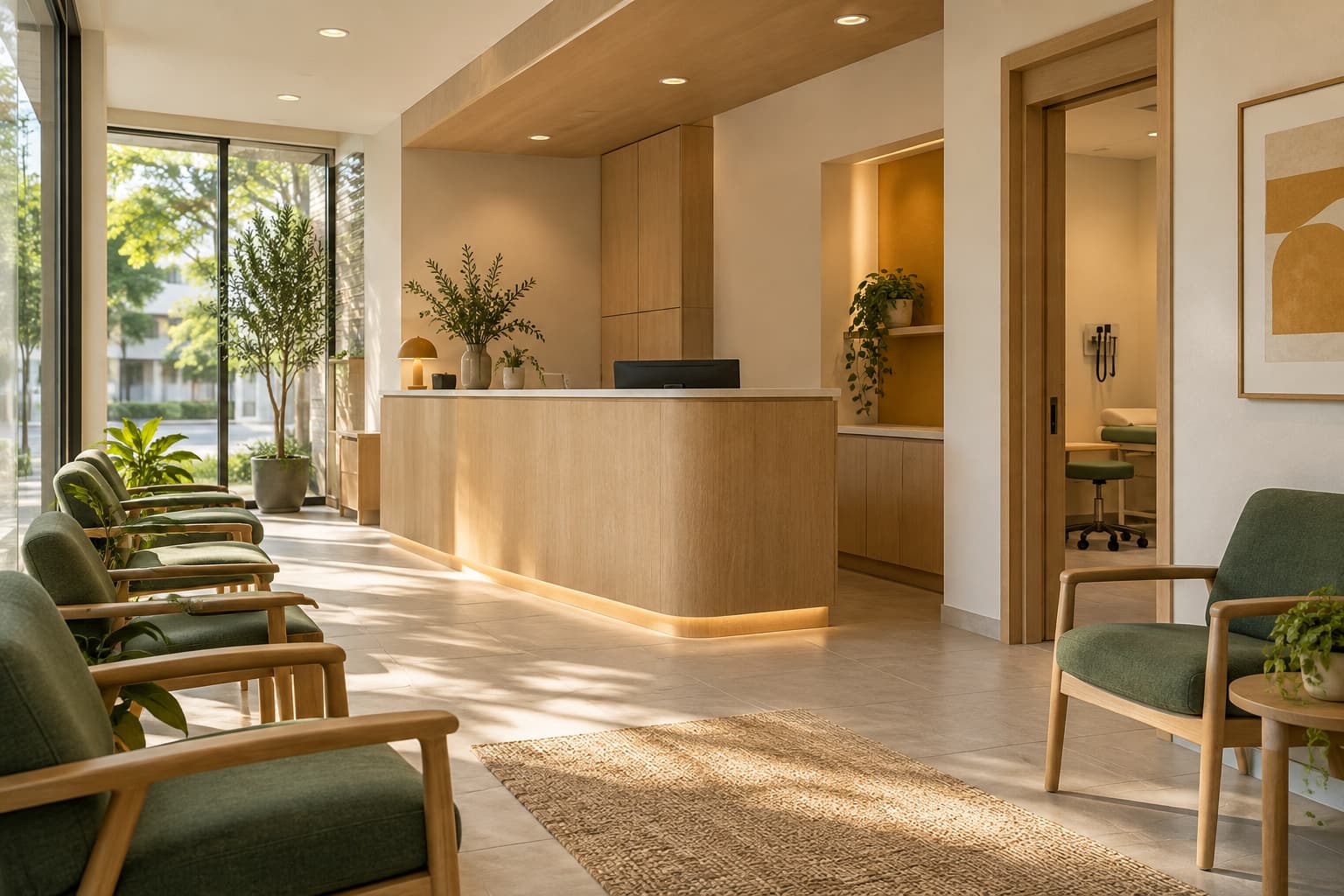 Illustrative reception and waiting area in a fictional community clinic